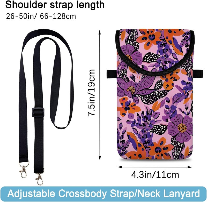 otilil Neoprene Cell Phone Sleeve Pouch Case Bag with Crossbody Strap Neck Lanyard for Women 7.5 X 4.3 in Purple Flower - Image 2